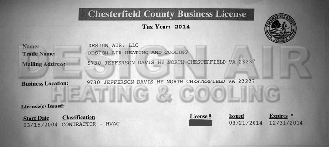 Design Air Heating & Air Cooling, LLC - Chesterfield Business License