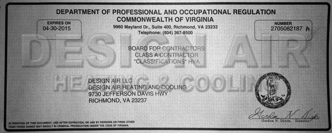 Design Air Heating & Air Cooling, LLC Class A Contractor